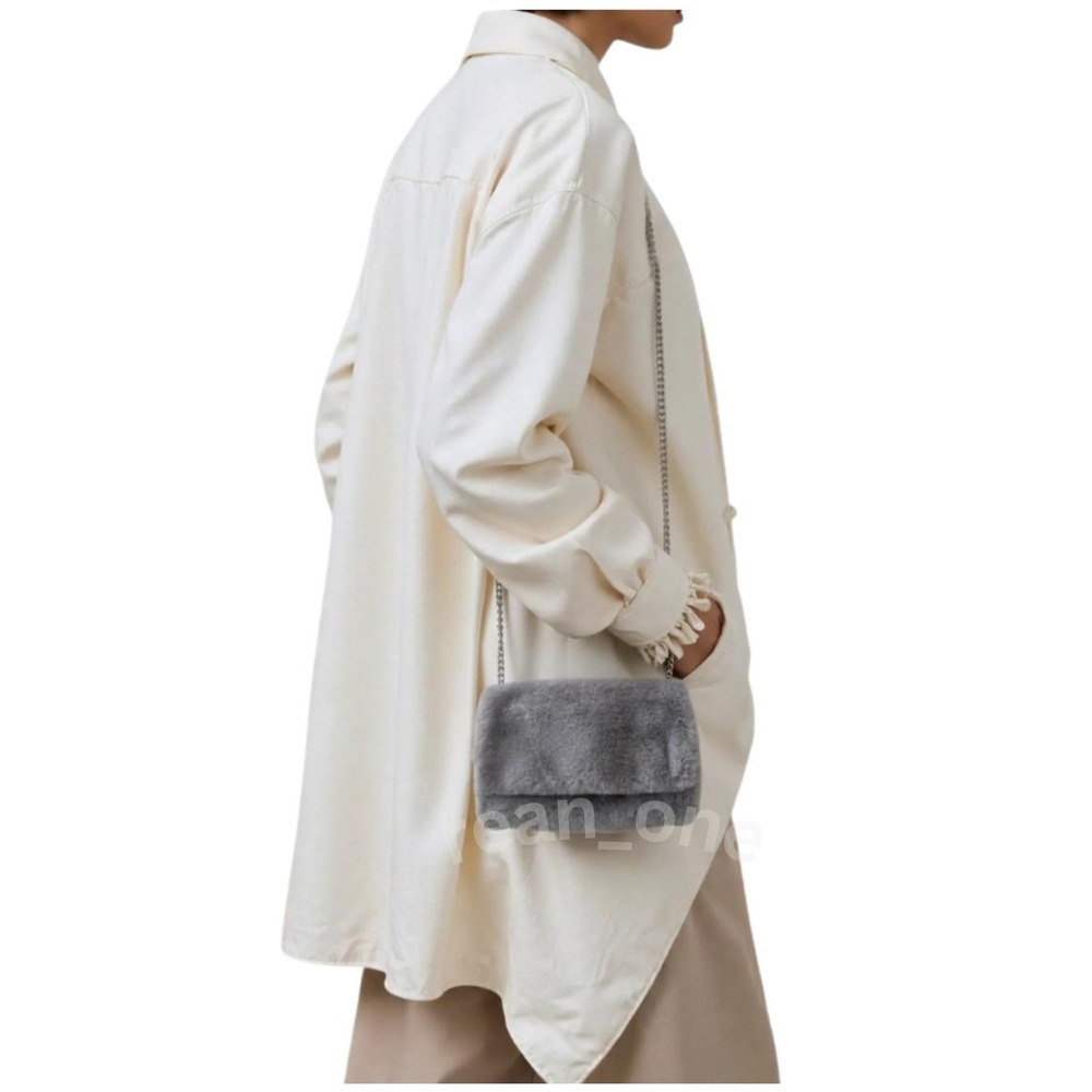 Faux Fur Fold-Over Snap Clasp Silver Tone Chain Gray Clutch Bag By Target